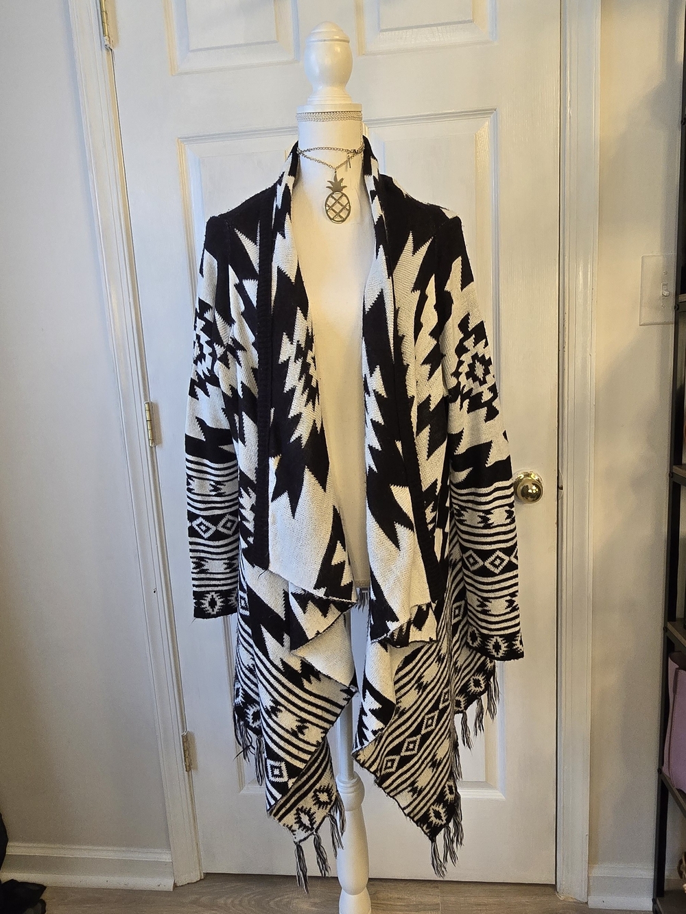 H&M Black & White Aztec Fringe Open-Front Draped Cardigan Western